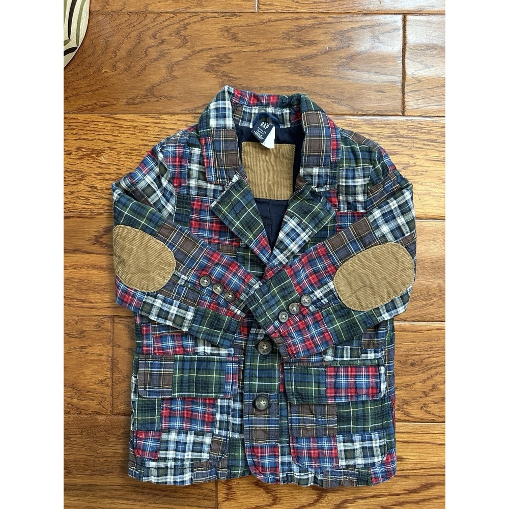 Baby GAP Toddler 3T Patchwork Plaid Blazer Corduroy Elbow Patch Jacket Cotton